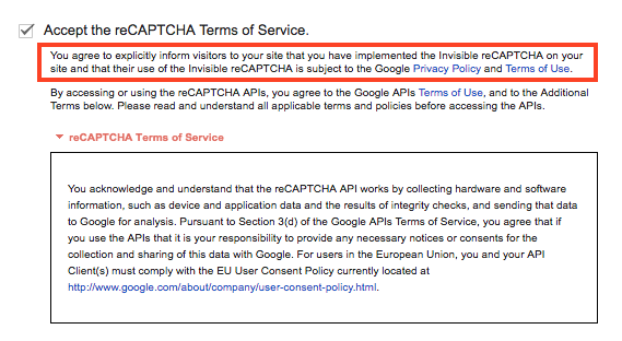 Google Invisible reCAPTCHA terms of service