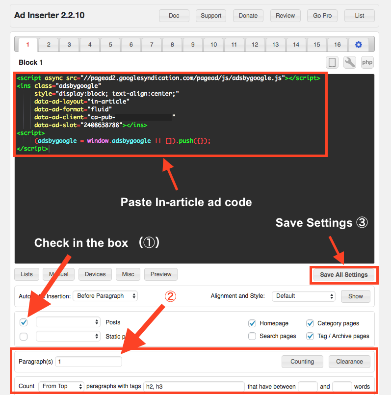 Paste In-article ad code in Ad Inserter ad box