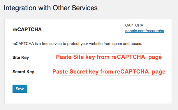 Paste Site key and Secret key from reCAPTCHA page