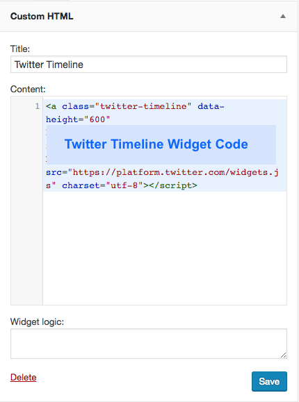 Paste Twitter Timeline widget code into Custom HTML widget