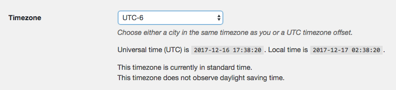 Choose UTC-6 timezone for US Central on WordPress