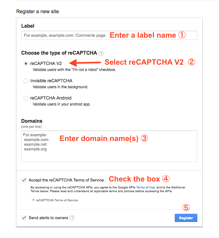 fill out form for reCAPTCHA V2 site registration 