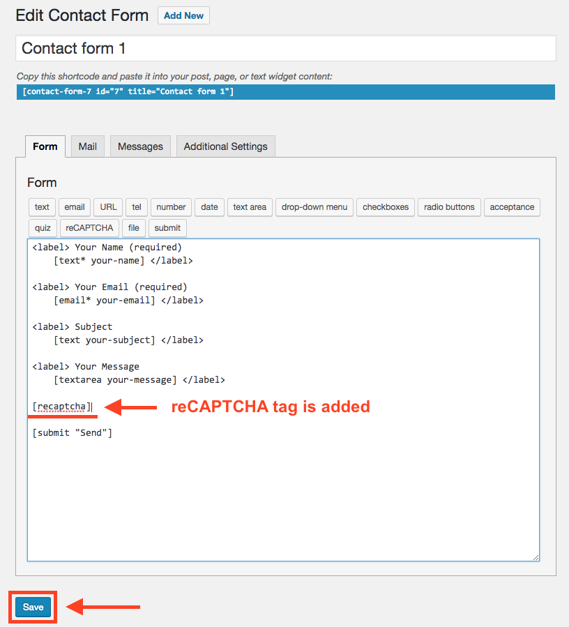 reCAPTCHA tag is added to the contact form