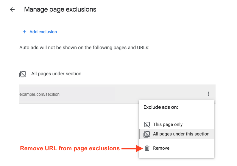 Manage Page exclusions for URL